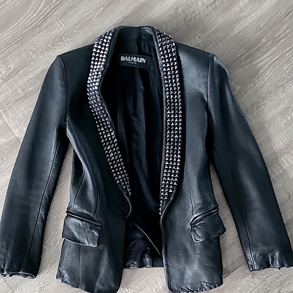 Balmain Black Studded Leather Blazer